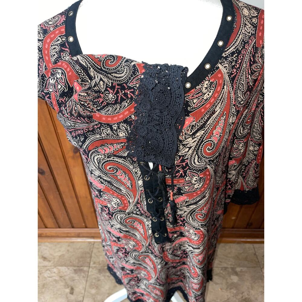 Womens Miss Me Red Black Paisley Cotton Lace Tassel Casual Dress Size Large - Picture 4 of 9